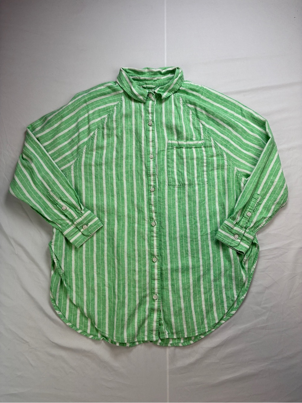 aerie Linen Blend Green and White Striped Button-Down Shirt Sz XS Breathable